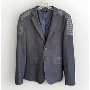 RARE! RNT 23 Ron Tomson Moto Blazer Navy Jacket Quilted Faux Leather Large Slim